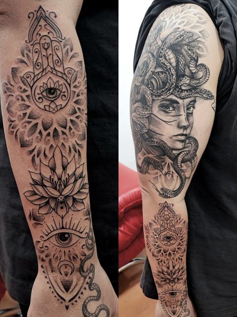 Szürke-fekete árnyalt mandala női arccal a karon
